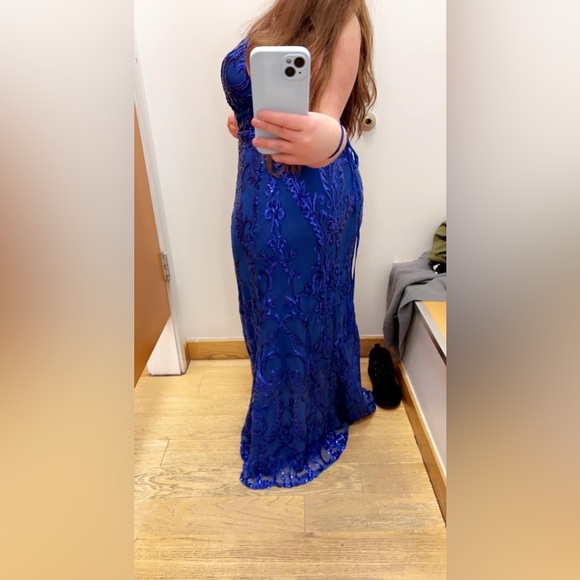 strapless open back dress Royal Blue Prom Dresses Short Minimalist A Line Spaghetti Straps Sleev main image 0